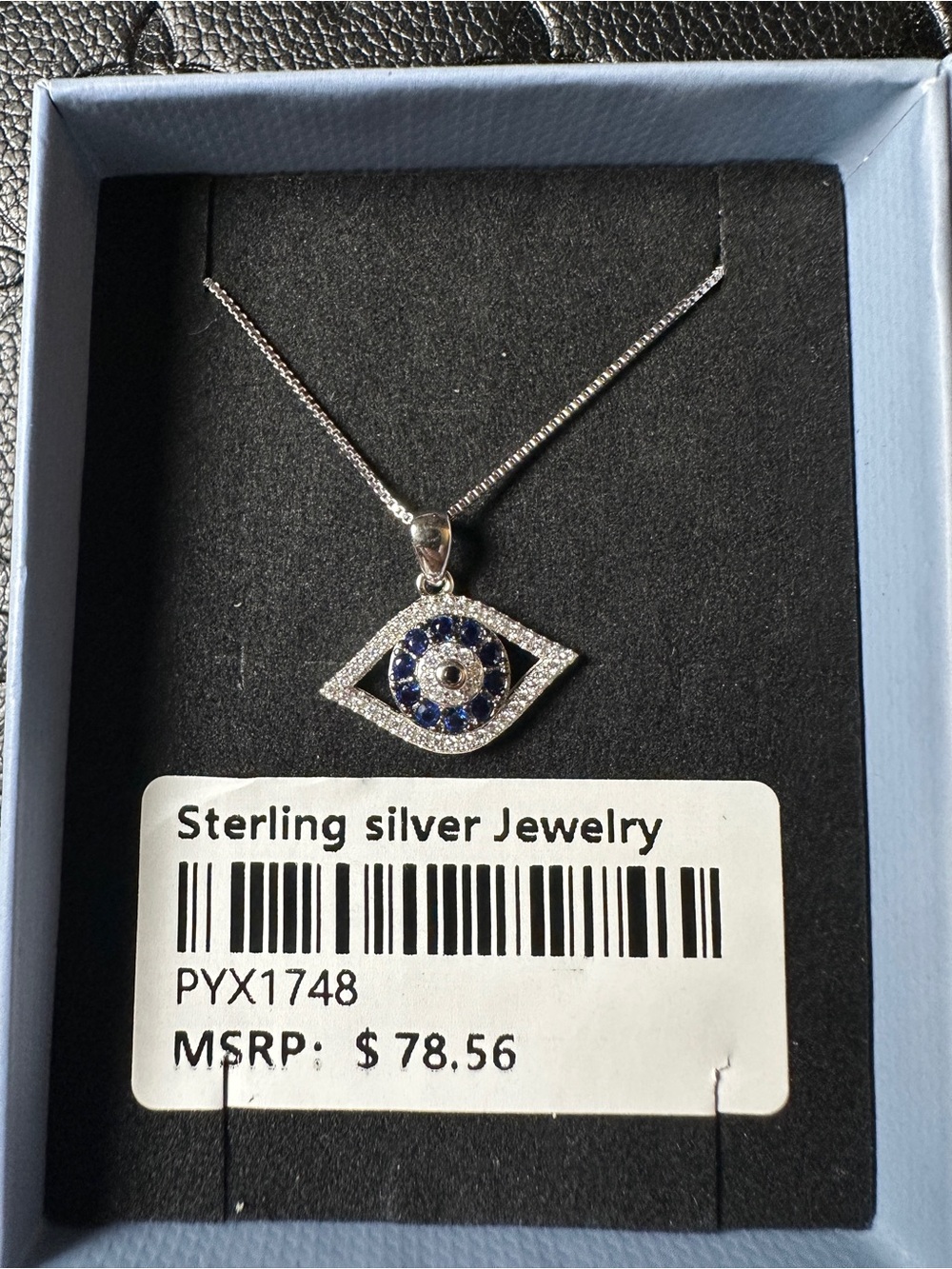 Silver Sterling Evil Eye Pendant Necklace with Blue Crystal Accents - Picture 3 of 7